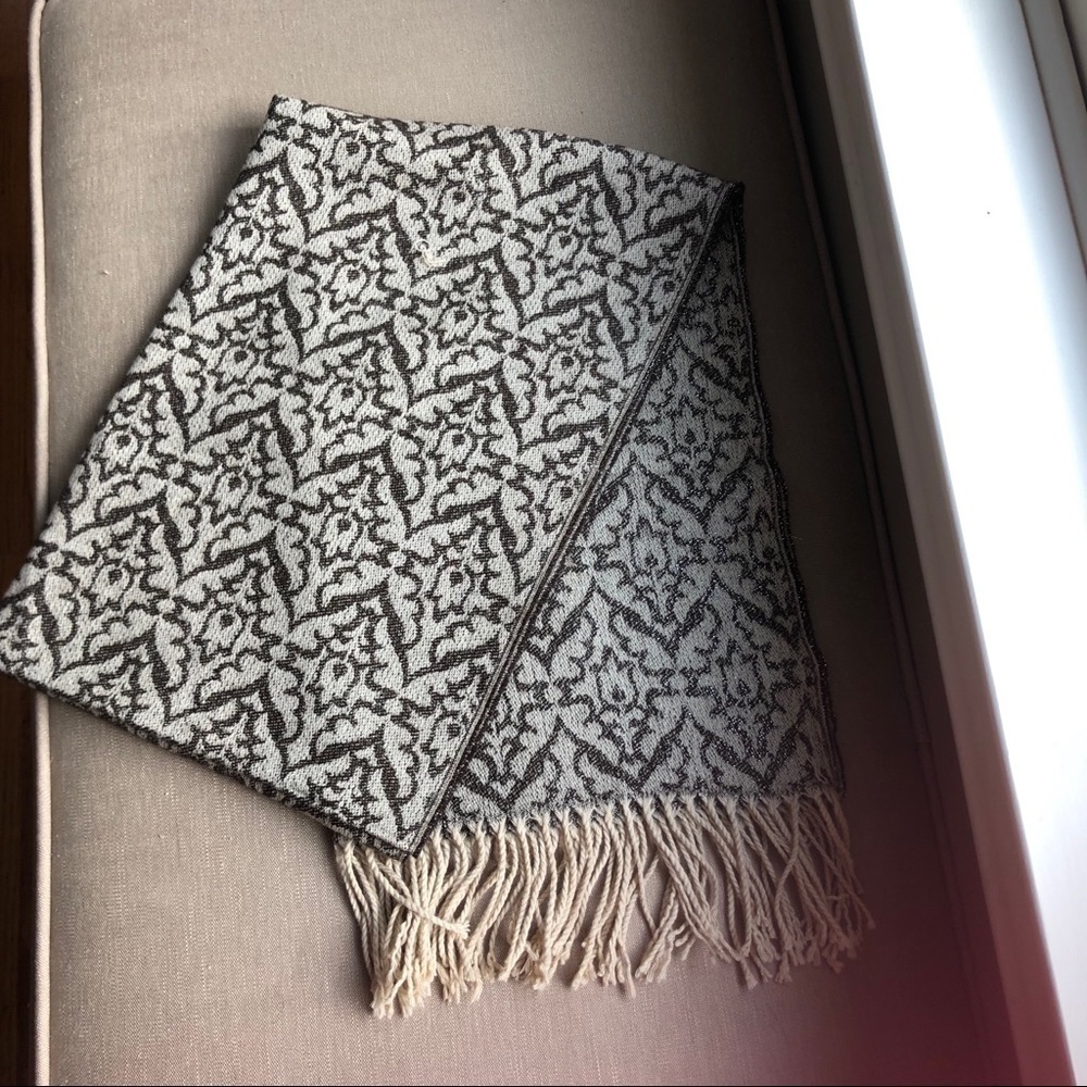 Taupe Gray Patterned Scarf with Silver Threading
